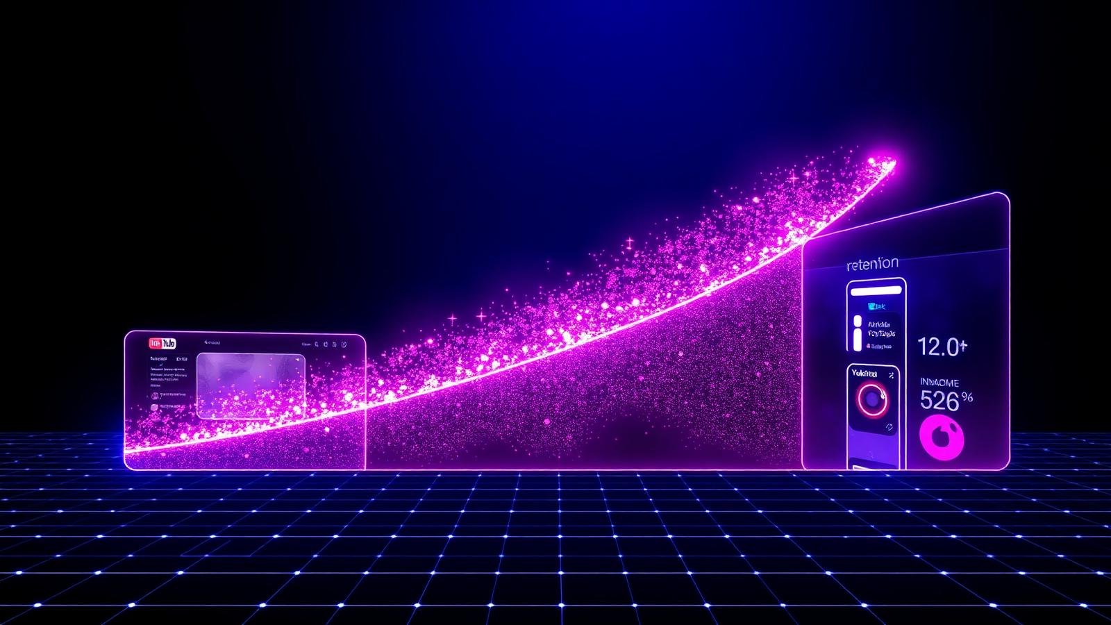 Ascending retention curve rising through YouTube, TikTok and Reels feeds — the anatomy of viral video growth in 2026