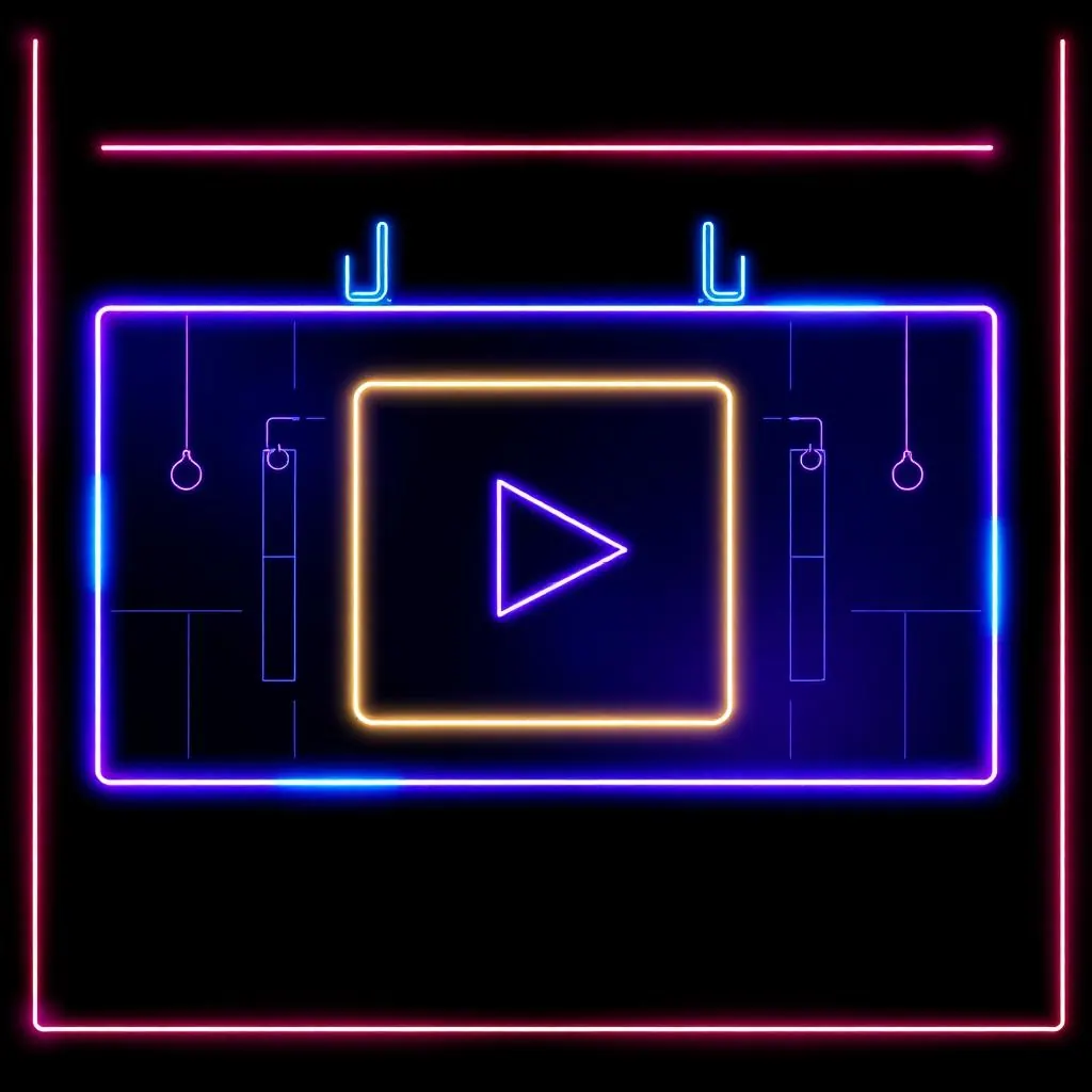 Neon wireframe of a vertical YouTube Shorts video frame with template structures